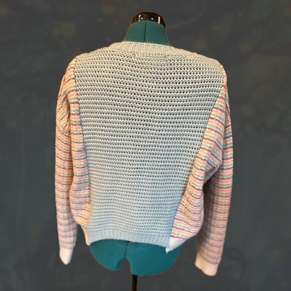 Upcycled spliced wool-blend sweater with denim flower sz S - Picture 5 of 6